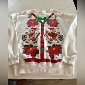 Festive Holiday Christmas Crewneck with Gingerbread / Poinsettia Design - Medium